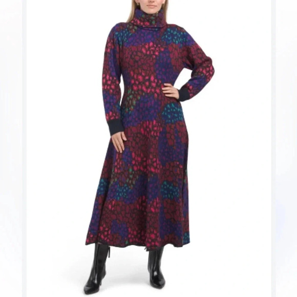 NWT Farm Rio Leopard Print  Long Sleeve Turtle Neck Sweater Midi Dress L - Picture 1 of 9